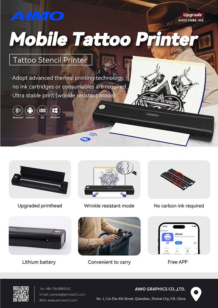 AIMO BLUETOOTH M08E THERMAL A4 TATOO PRINTER - Dabbous Mega Supplies